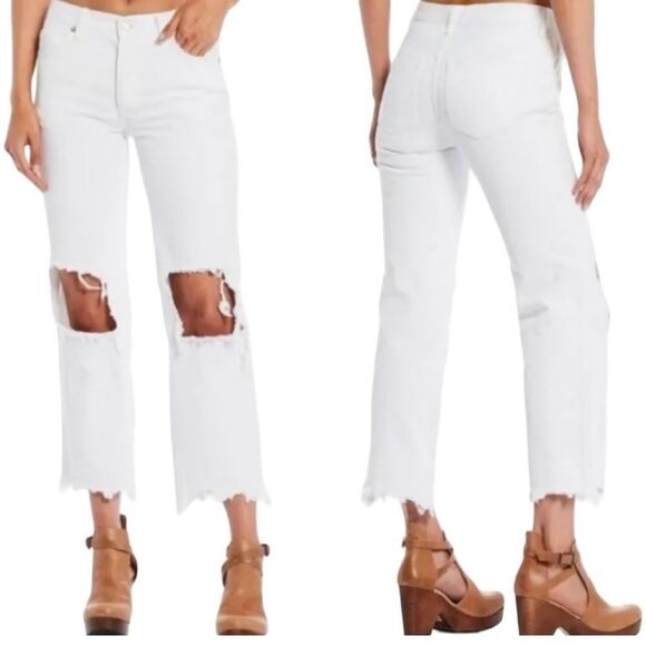 Free People Maggie Mid Rise Straight Optic White Distressed Jeans- Size 24 - Picture 1 of 10